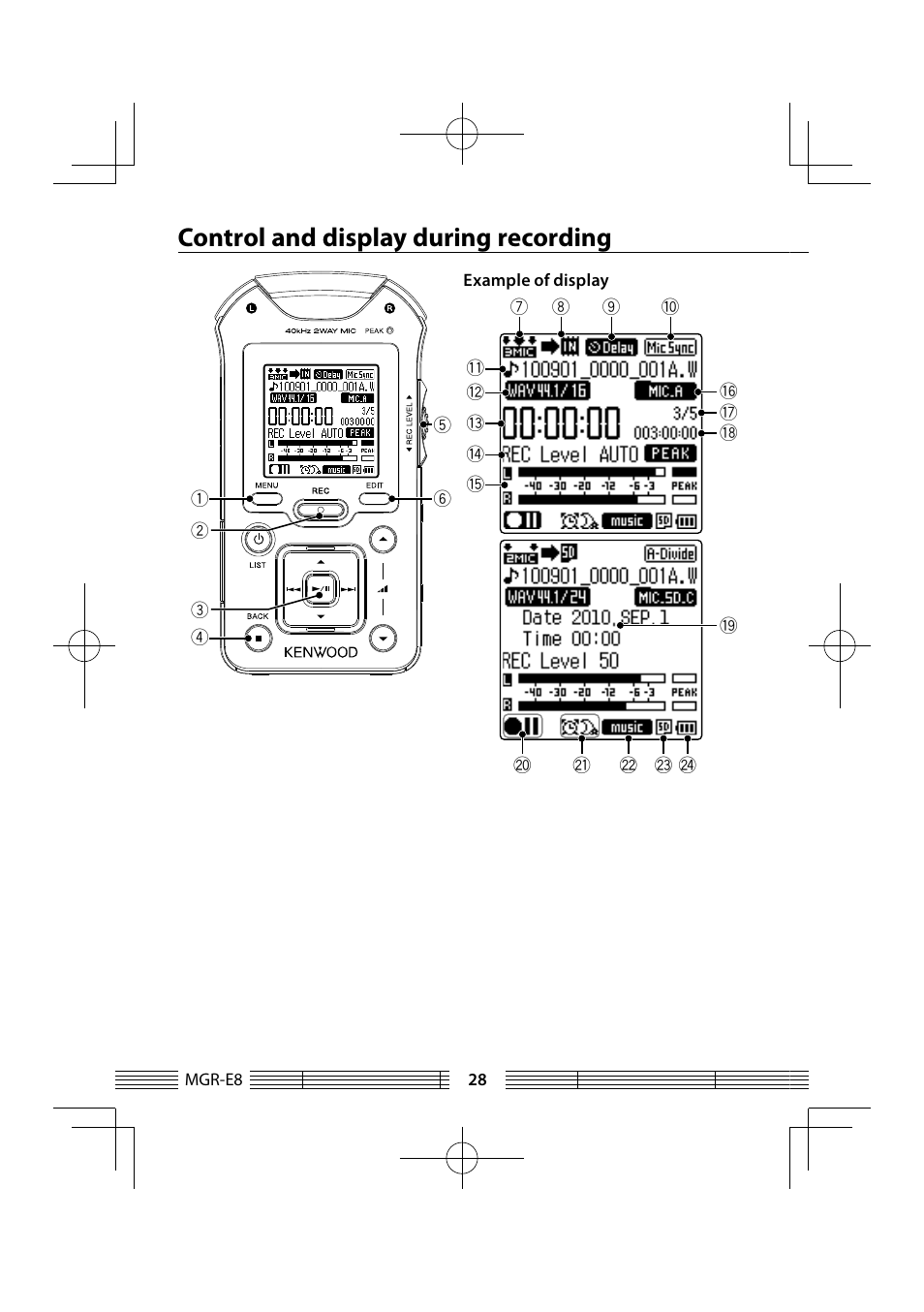 Control and display during recording | Kenwood MGR-E8-B User Manual | Page 28 / 84