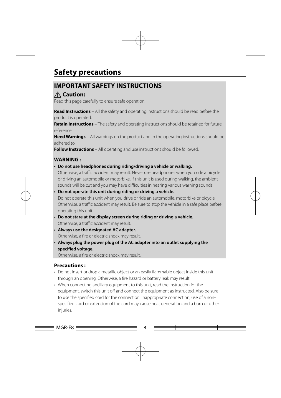 Safety precautions, Important safety instructions, Caution | Kenwood MGR-E8-B User Manual | Page 4 / 84