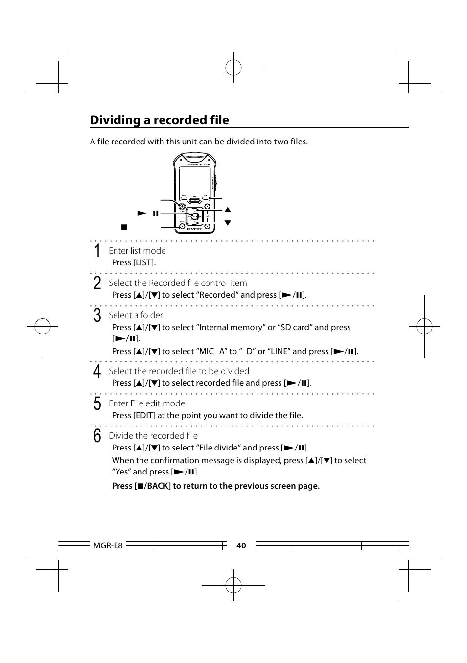Dividing a recorded file | Kenwood MGR-E8-B User Manual | Page 40 / 84
