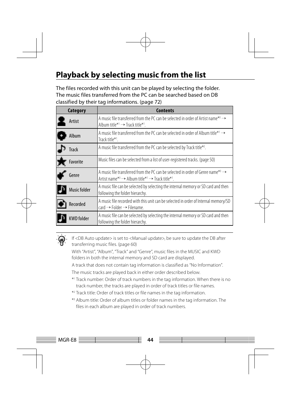 Playback by selecting music from the list | Kenwood MGR-E8-B User Manual | Page 44 / 84