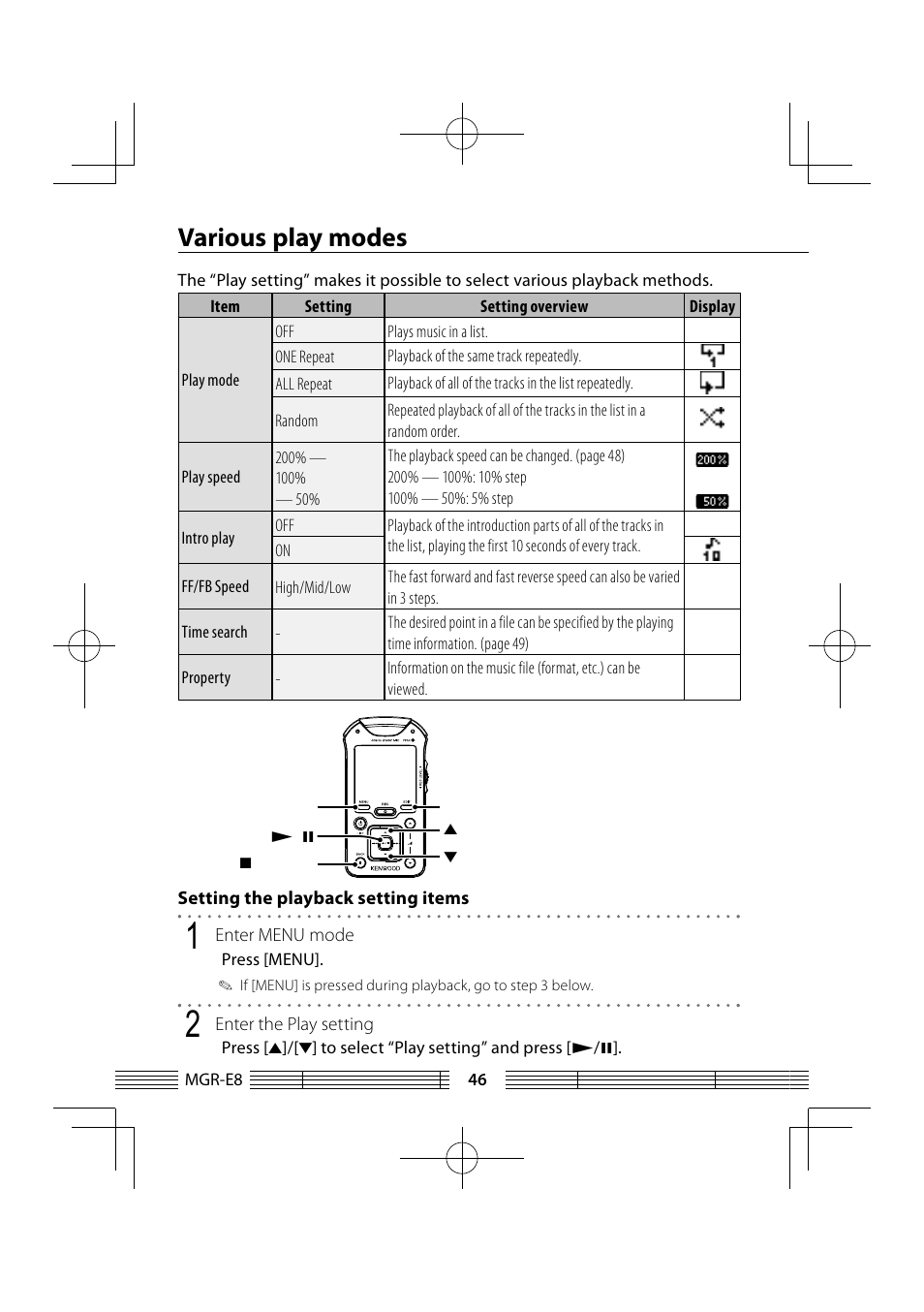 Various play modes | Kenwood MGR-E8-B User Manual | Page 46 / 84
