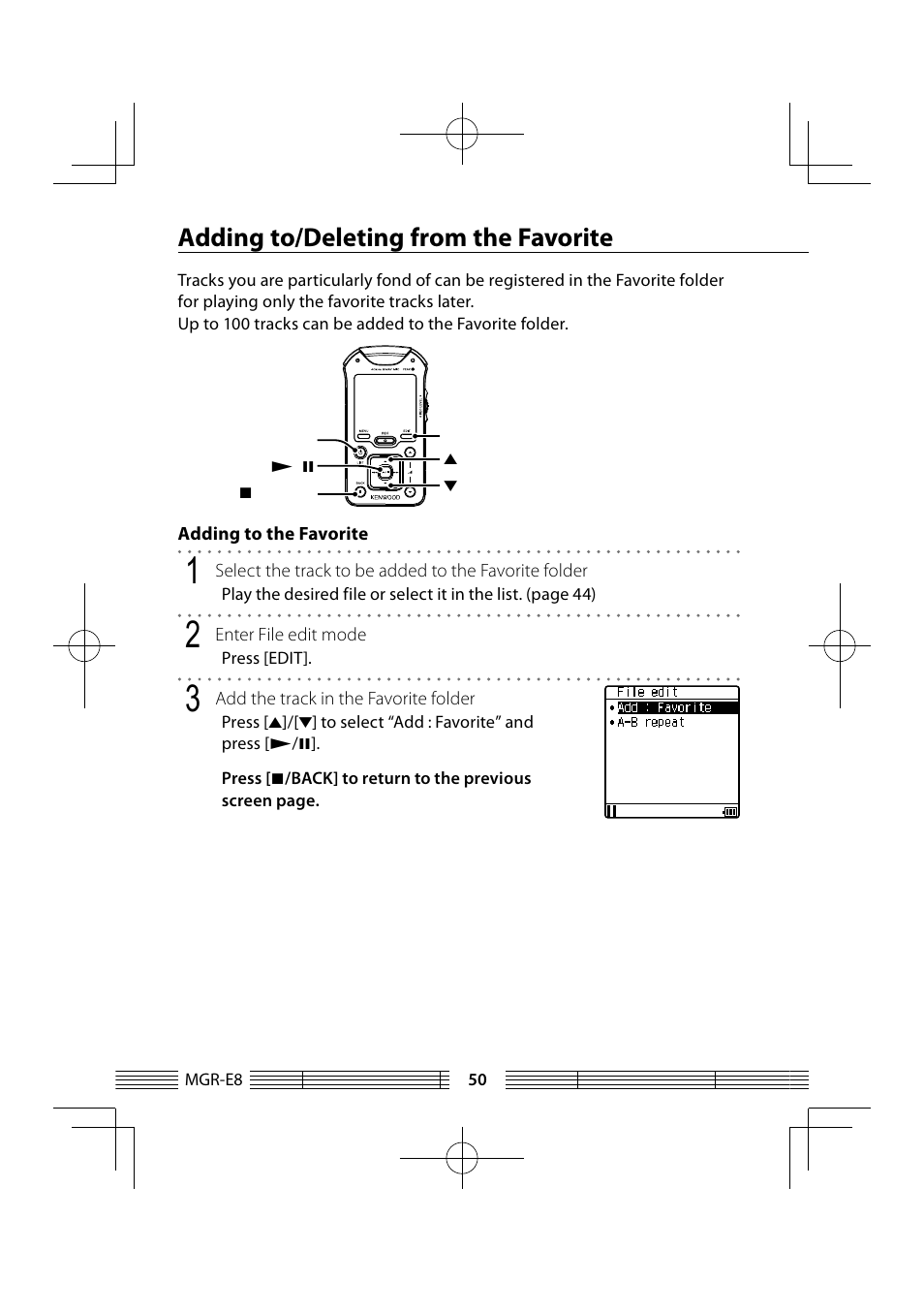 Adding to/deleting from the favorite | Kenwood MGR-E8-B User Manual | Page 50 / 84