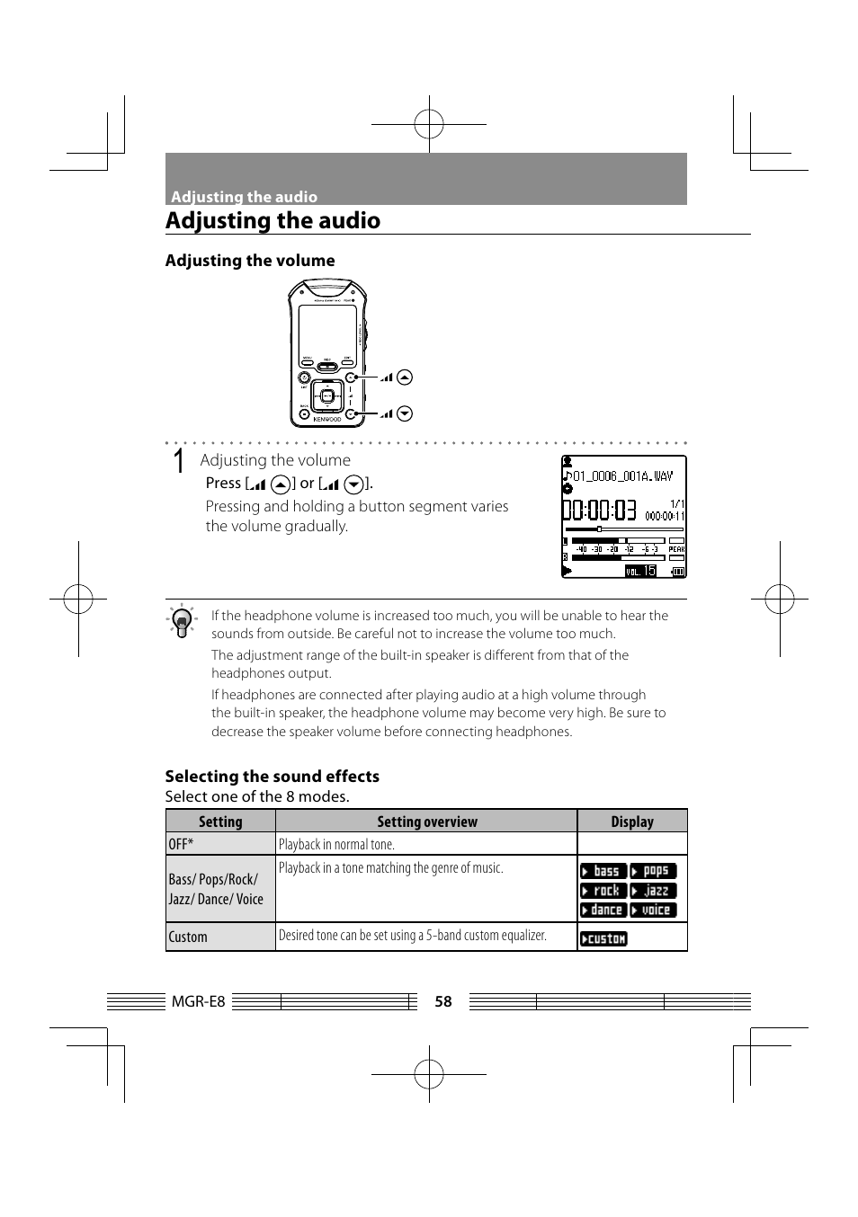 Adjusting the audio | Kenwood MGR-E8-B User Manual | Page 58 / 84