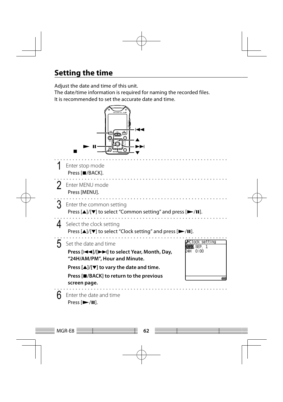 Setting the time | Kenwood MGR-E8-B User Manual | Page 62 / 84