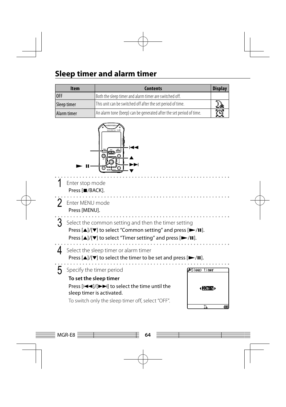 Sleep timer and alarm timer | Kenwood MGR-E8-B User Manual | Page 64 / 84