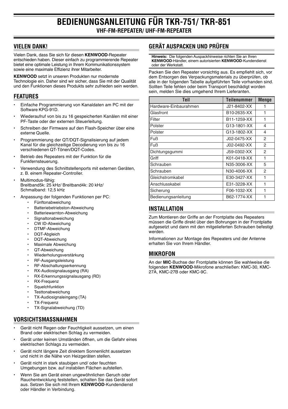 Installation, Mikrofon, Vielen dank | Features, Vorsichtsmassnahmen | Kenwood TKR-851E3 User Manual | Page 10 / 14