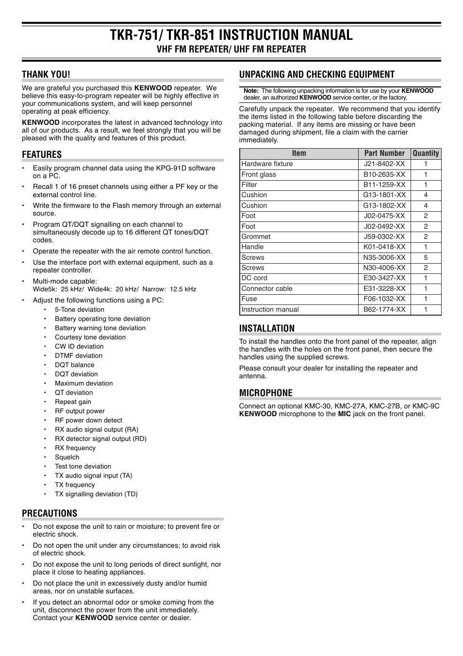 Installation, Microphone, Features | Precautions | Kenwood TKR-851E3 User Manual | Page 2 / 14