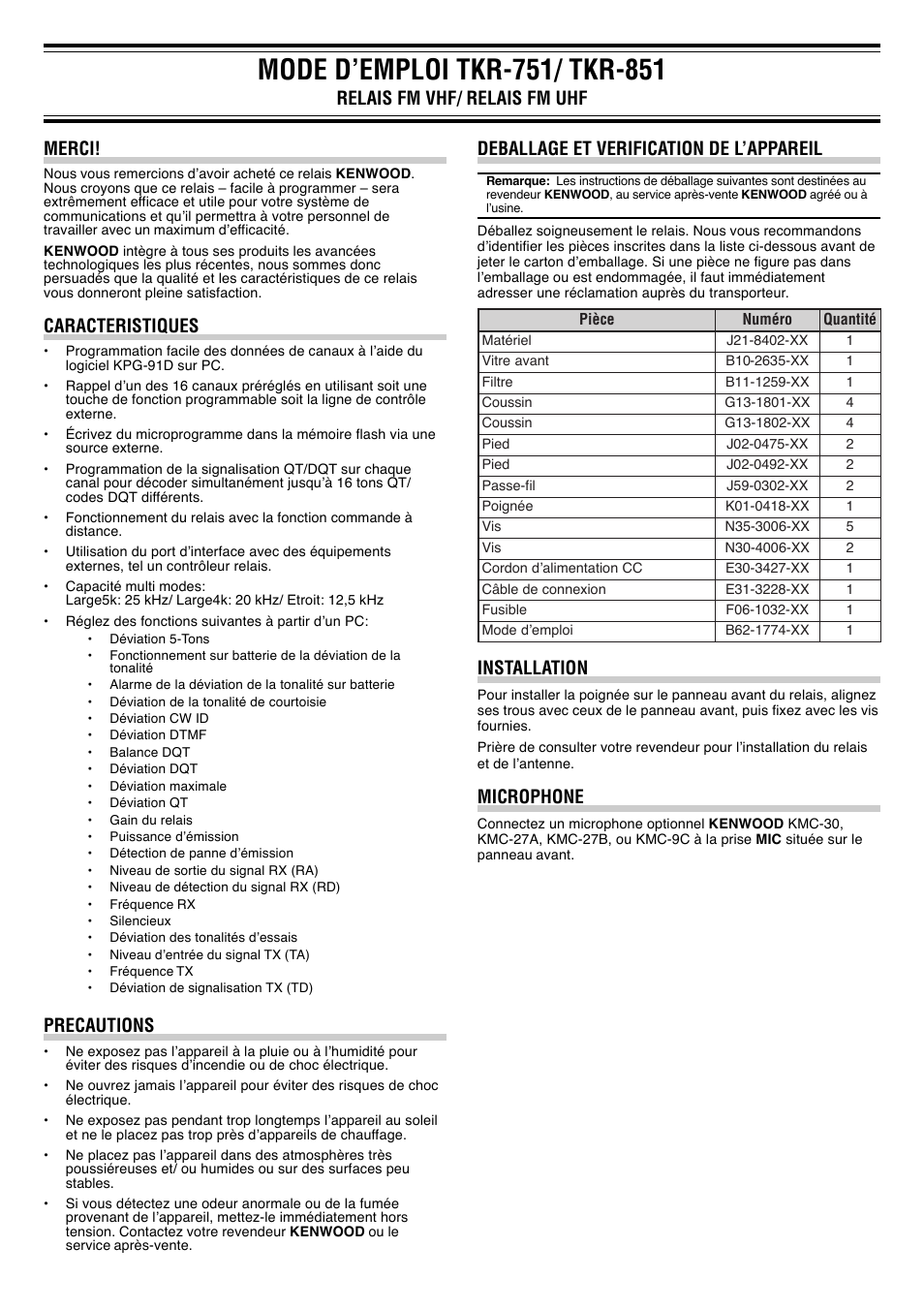 Installation, Microphone, Merci | Caracteristiques, Precautions | Kenwood TKR-851E3 User Manual | Page 4 / 14