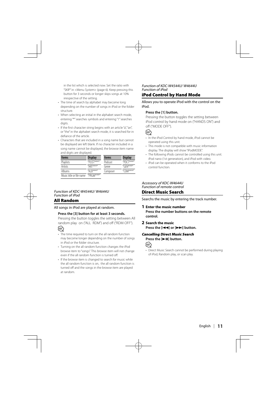 All random, Ipod control by hand mode, Direct music search | Kenwood KDC-W413UA User Manual | Page 11 / 27