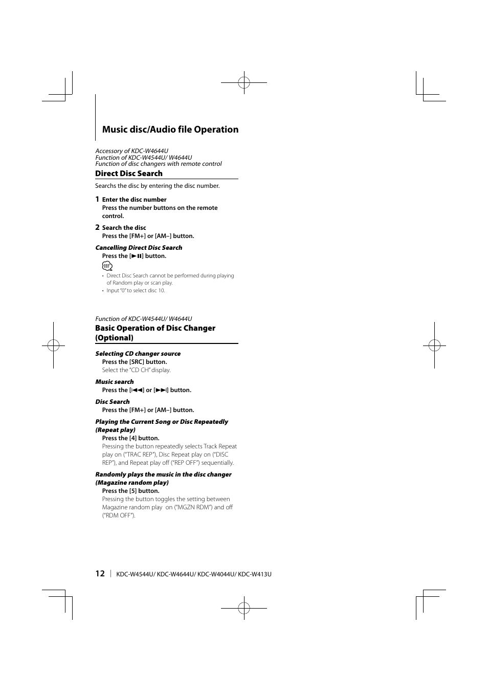 Music disc/audio file operation | Kenwood KDC-W413UA User Manual | Page 12 / 27