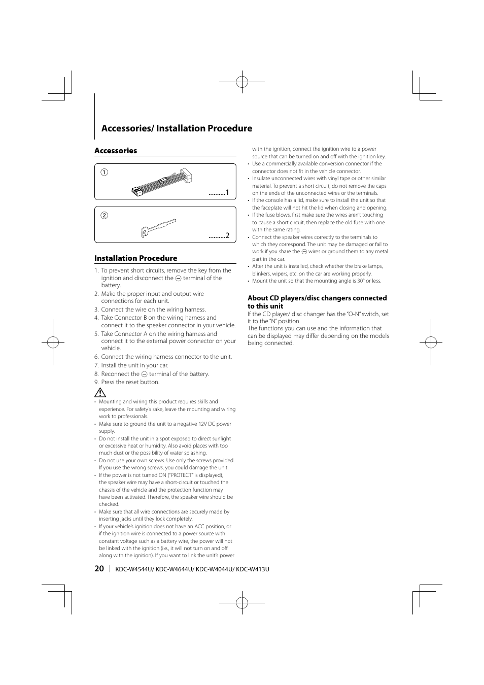 Accessories/ installation procedure, Accessories 1 2 installation procedure | Kenwood KDC-W413UA User Manual | Page 20 / 27