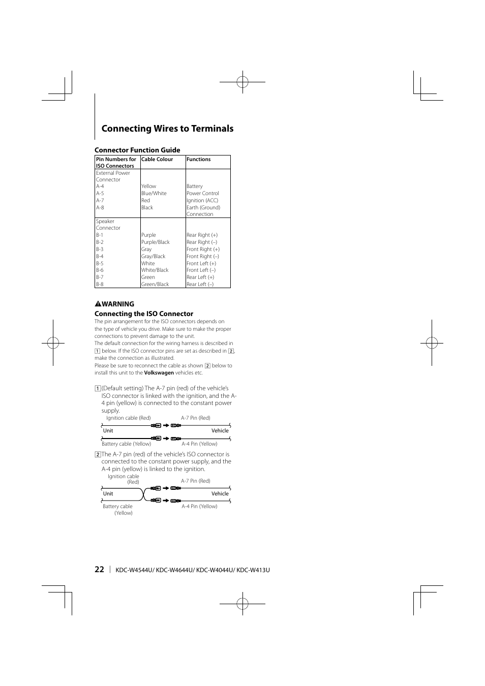 Connecting wires to terminals | Kenwood KDC-W413UA User Manual | Page 22 / 27