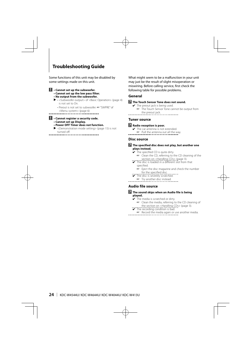 Troubleshooting guide | Kenwood KDC-W413UA User Manual | Page 24 / 27