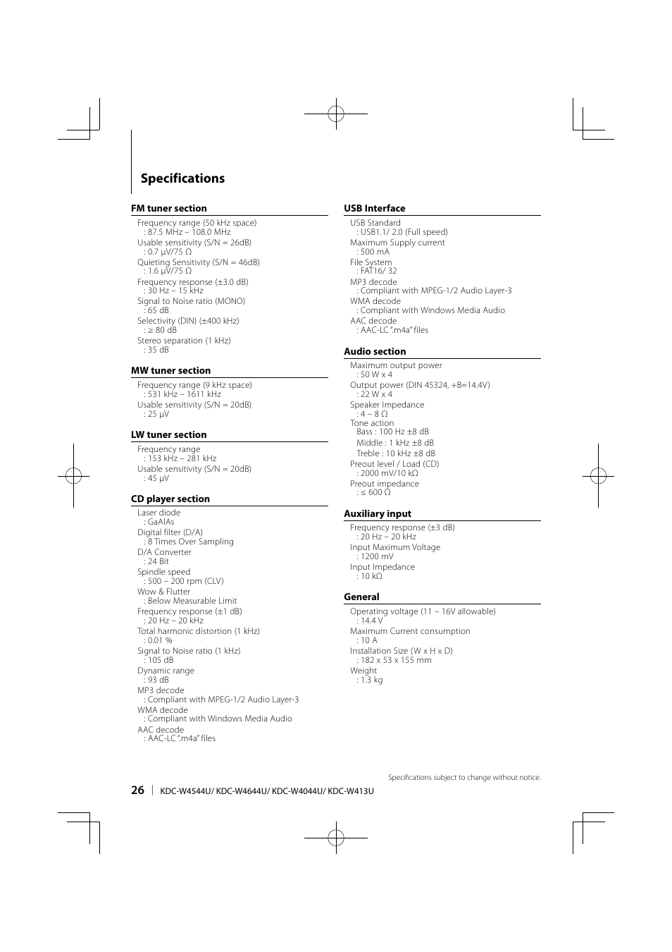 Specifications | Kenwood KDC-W413UA User Manual | Page 26 / 27