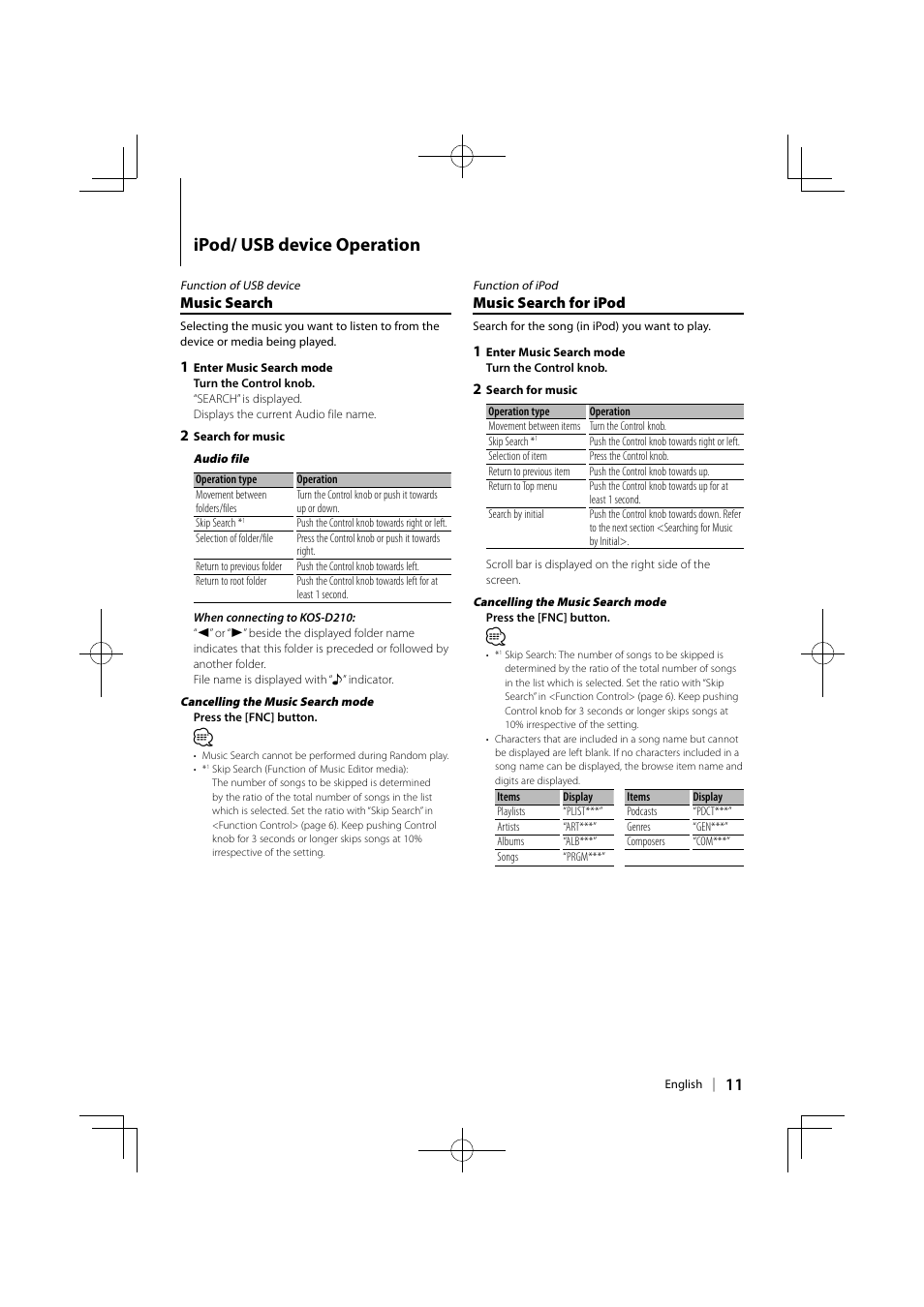 Ipod/ usb device operation, Music search, Music search for ipod | Kenwood KOS-A210 User Manual | Page 11 / 40