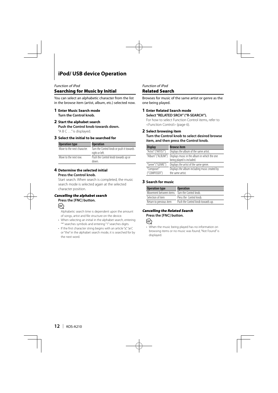 Ipod/ usb device operation | Kenwood KOS-A210 User Manual | Page 12 / 40