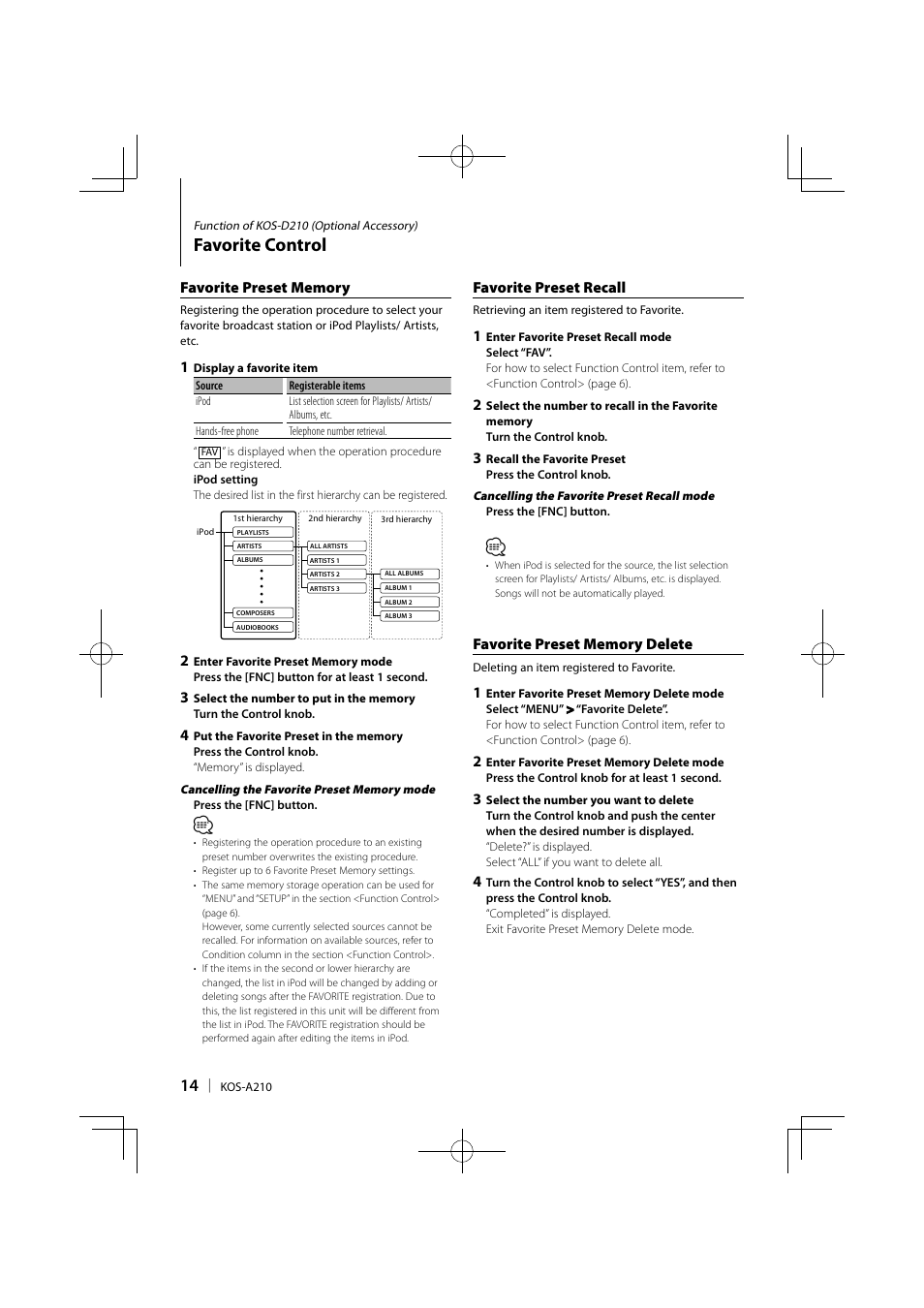 Favorite control, Favorite preset recall | Kenwood KOS-A210 User Manual | Page 14 / 40
