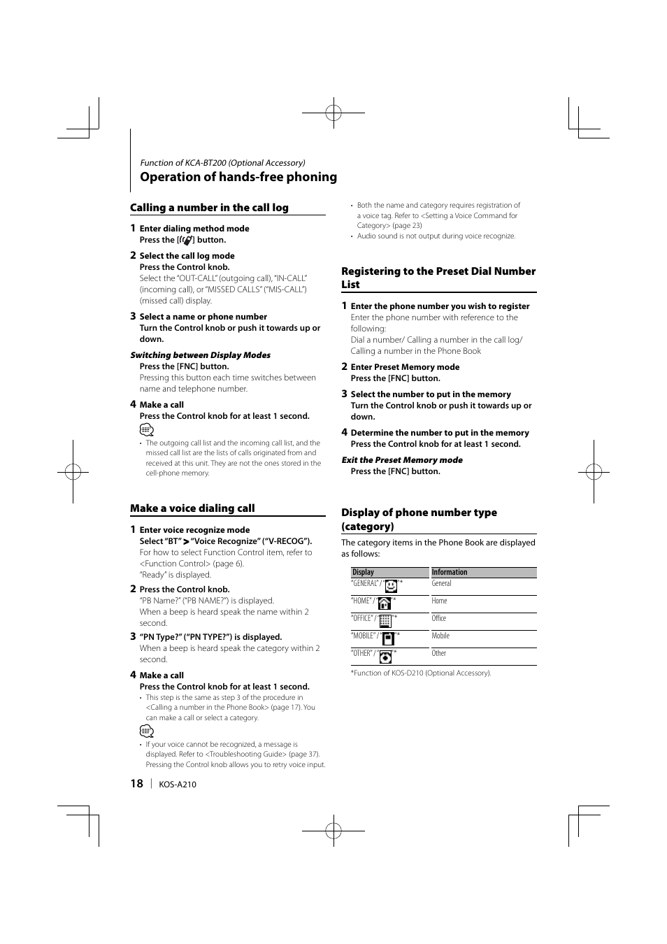 Operation of hands-free phoning | Kenwood KOS-A210 User Manual | Page 18 / 40