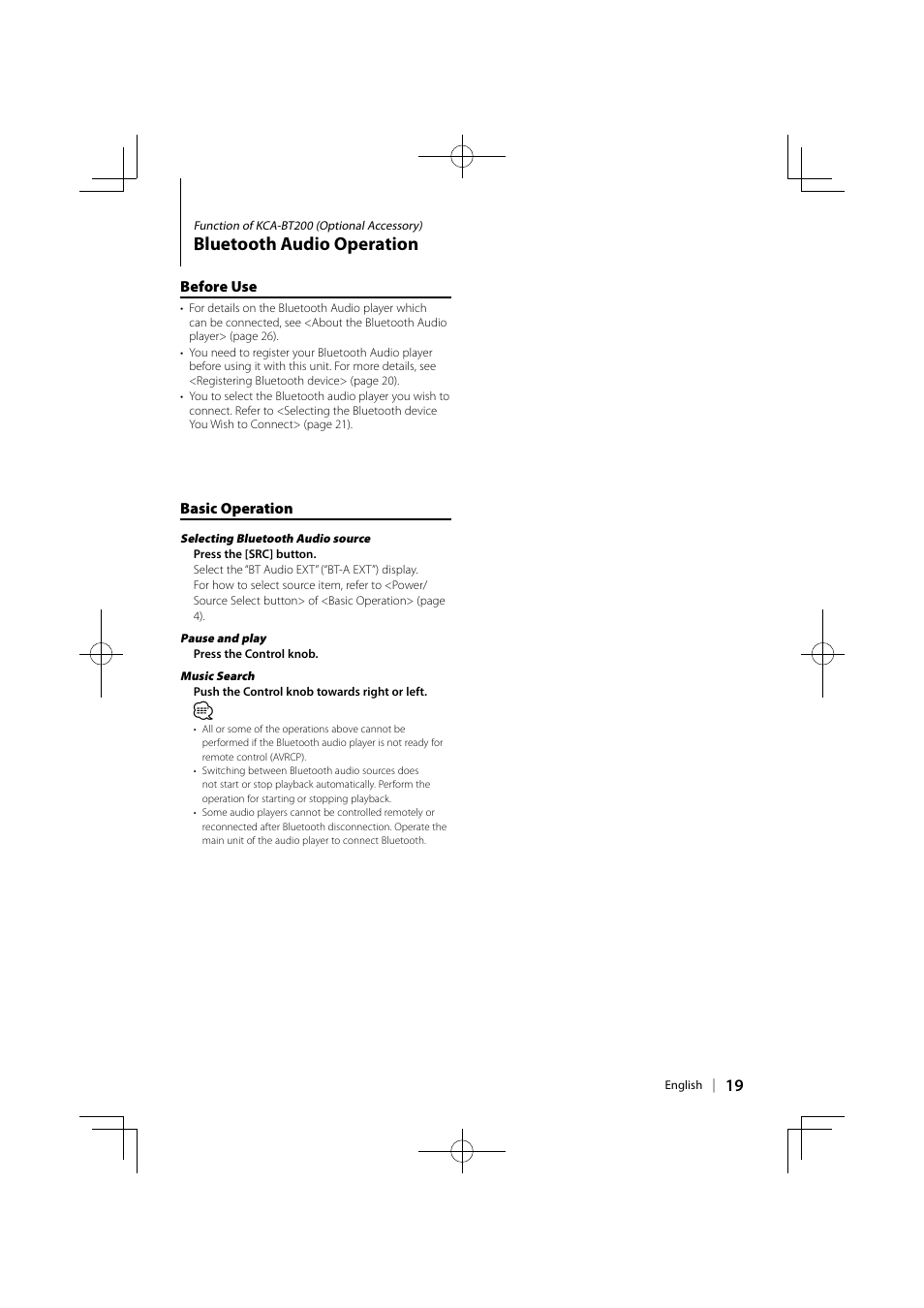 Bluetooth audio operation | Kenwood KOS-A210 User Manual | Page 19 / 40