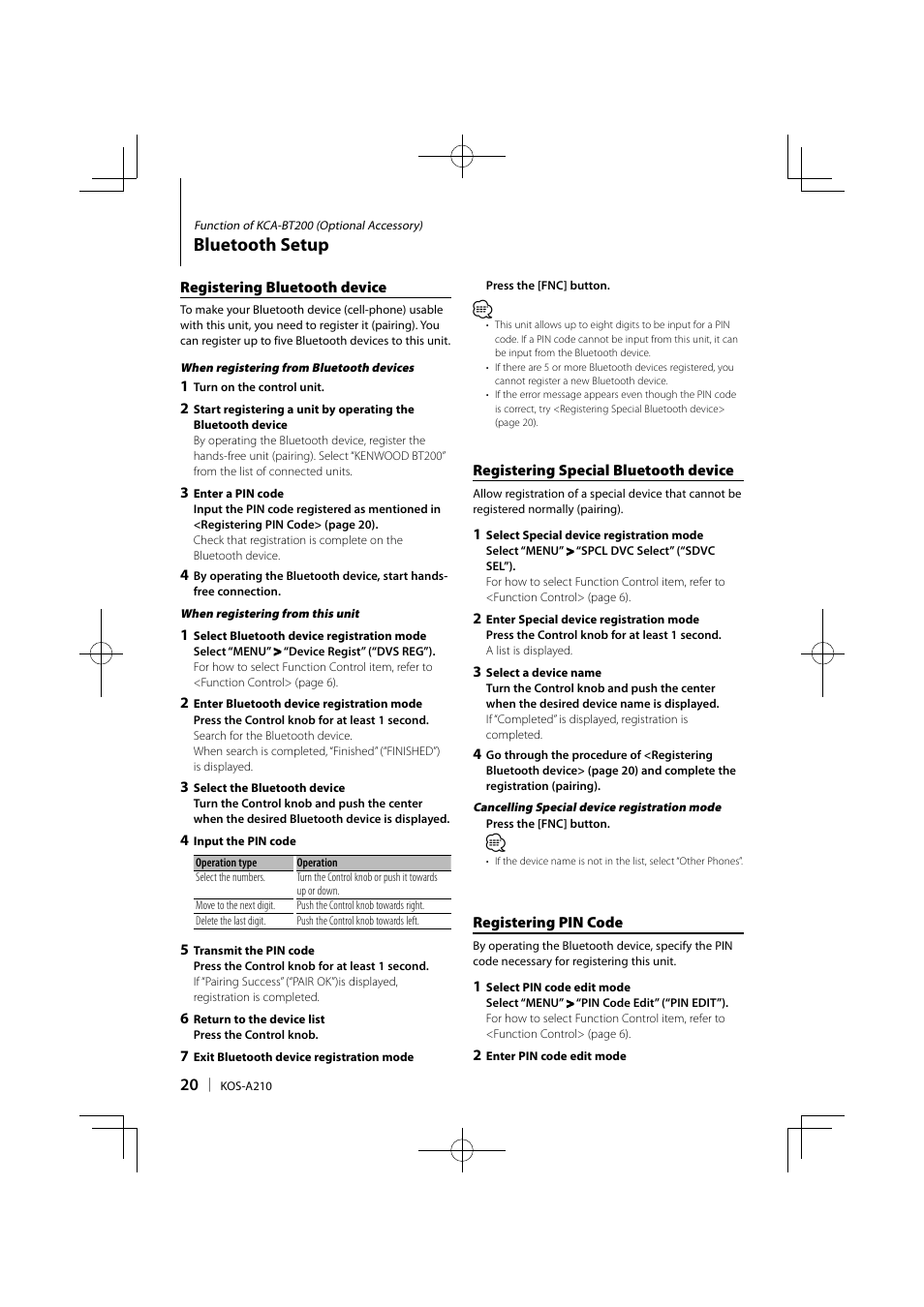 Bluetooth setup | Kenwood KOS-A210 User Manual | Page 20 / 40