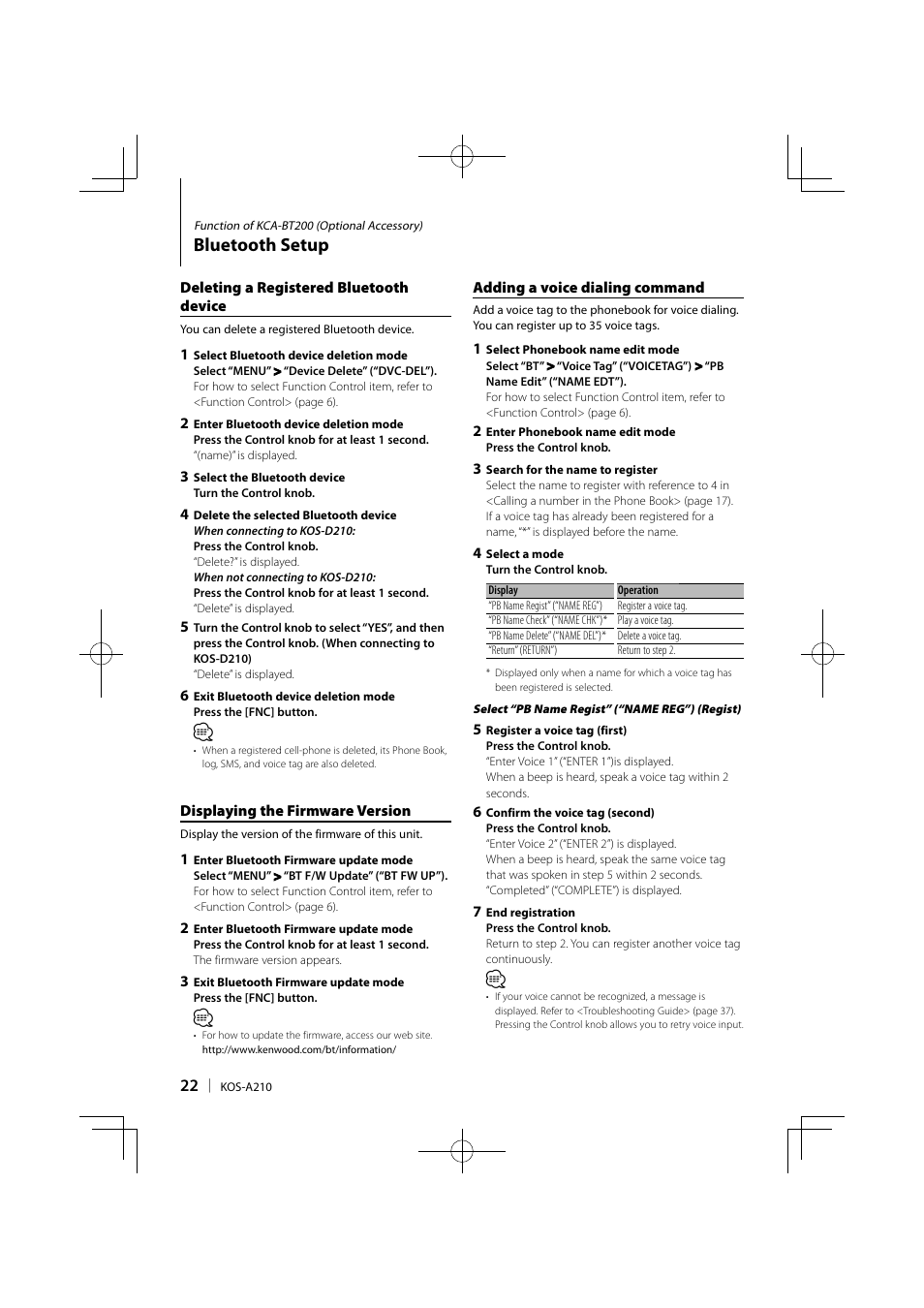 Bluetooth setup | Kenwood KOS-A210 User Manual | Page 22 / 40