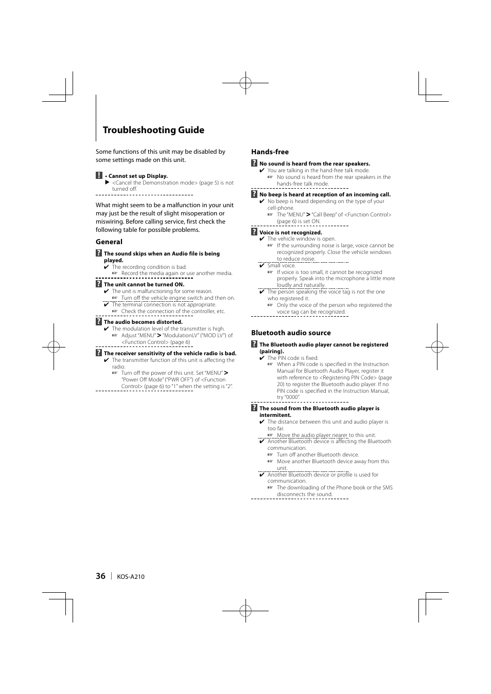 Troubleshooting guide | Kenwood KOS-A210 User Manual | Page 36 / 40