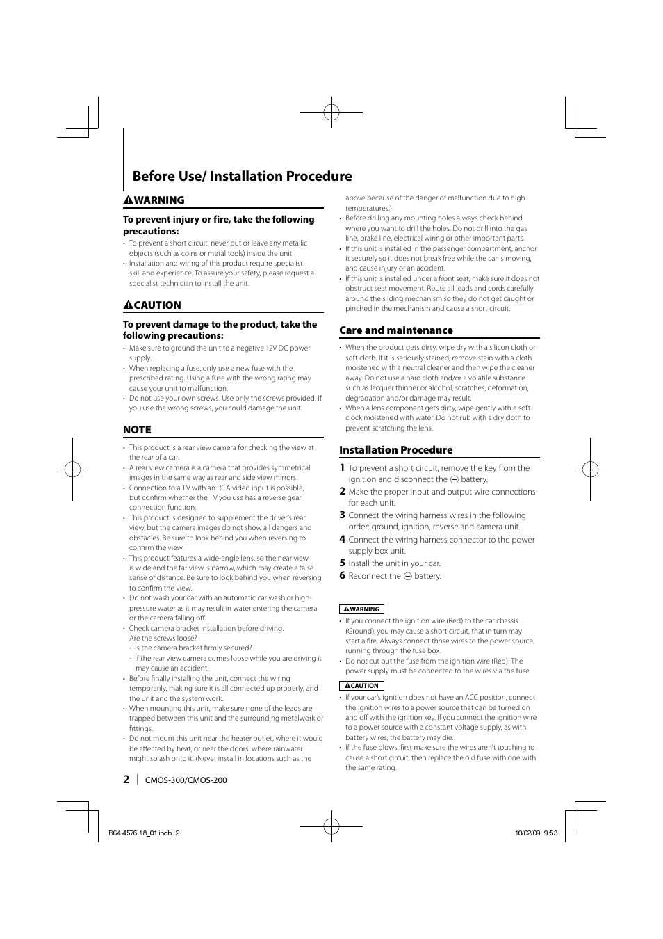 Before use/ installation procedure, Care and maintenance, Installation procedure 1 | 2 warning, 2 caution | Kenwood CMOS-200 User Manual | Page 2 / 15