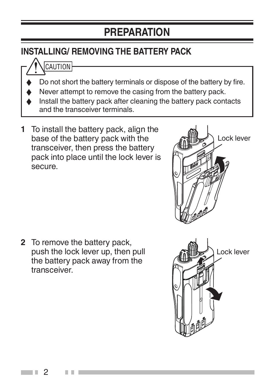 Preparation, Installing/removing the battery pack | Kenwood TK-3501E User Manual | Page 10 / 31
