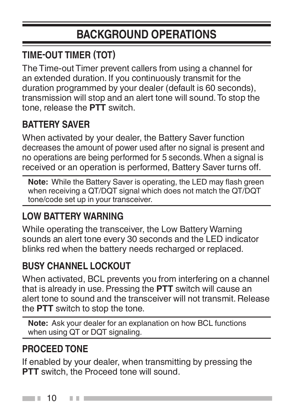Background operations, Time-out timer (tot), Battery saver | Low battery warning, Busy channel lockout, Proceed tone | Kenwood TK-3501E User Manual | Page 18 / 31