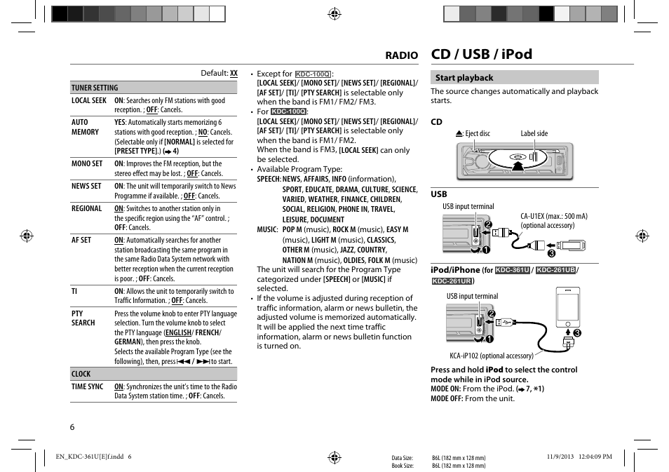 Cd / usb / ipod | Kenwood KDC-261UR User Manual | Page 8 / 17