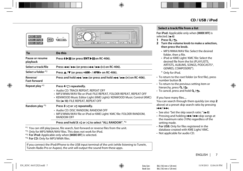 Cd / usb / ipod | Kenwood KDC-261UR User Manual | Page 9 / 17