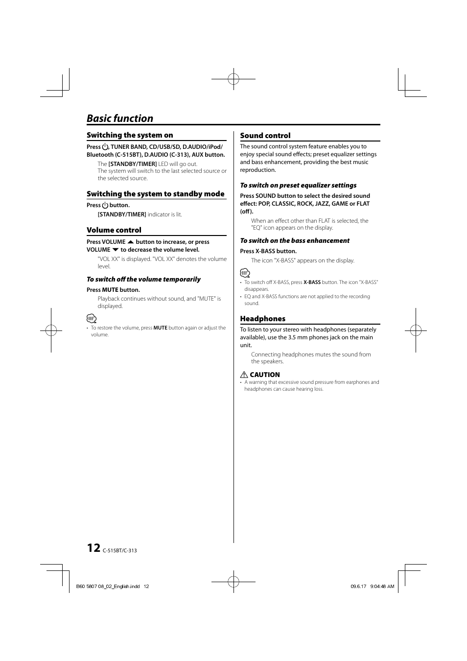 Basic function | Kenwood C-515BT User Manual | Page 12 / 28
