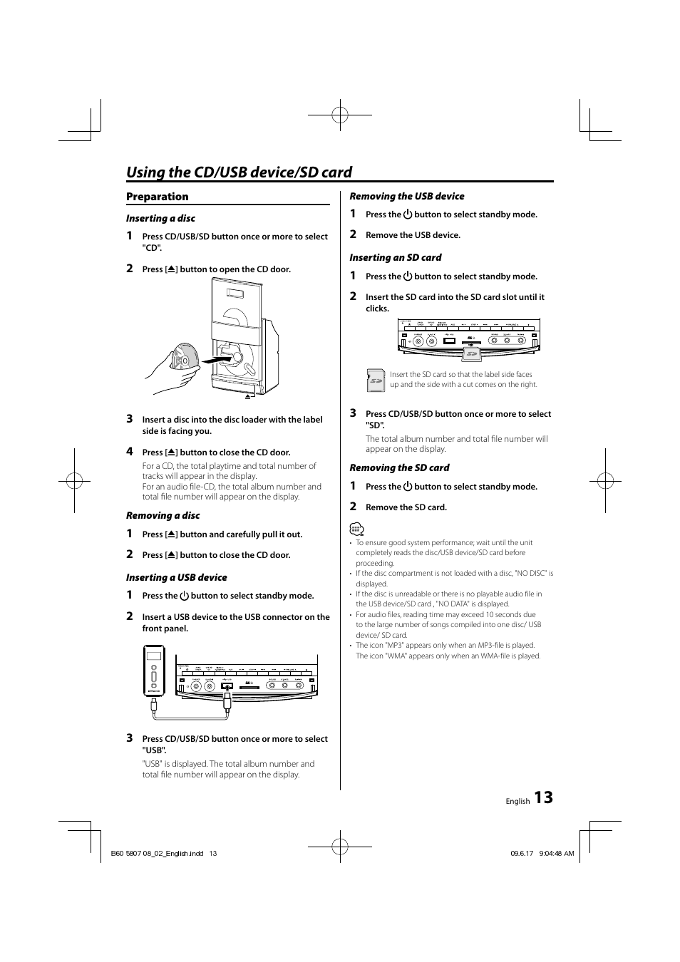 Using the cd/usb device/sd card | Kenwood C-515BT User Manual | Page 13 / 28