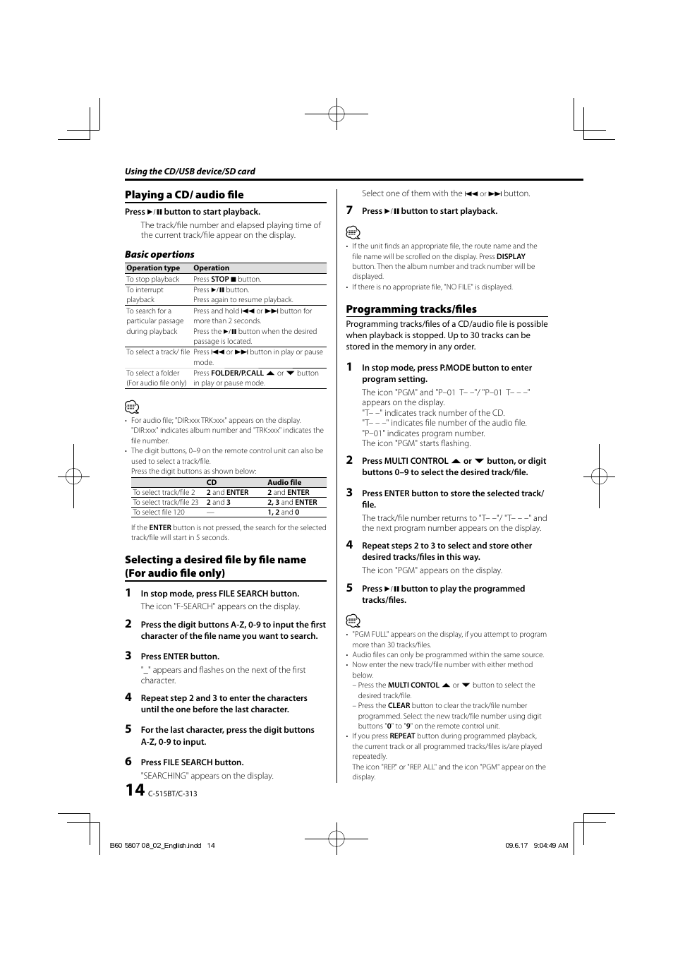 Playing a cd/ audio fi le, Programming tracks/fi les | Kenwood C-515BT User Manual | Page 14 / 28