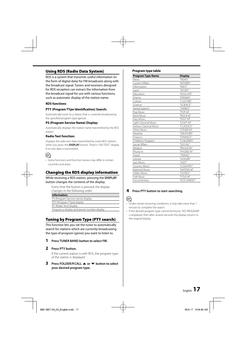 Using rds (radio data system), Changing the rds display information, Tuning by program type (pty search) | Kenwood C-515BT User Manual | Page 17 / 28