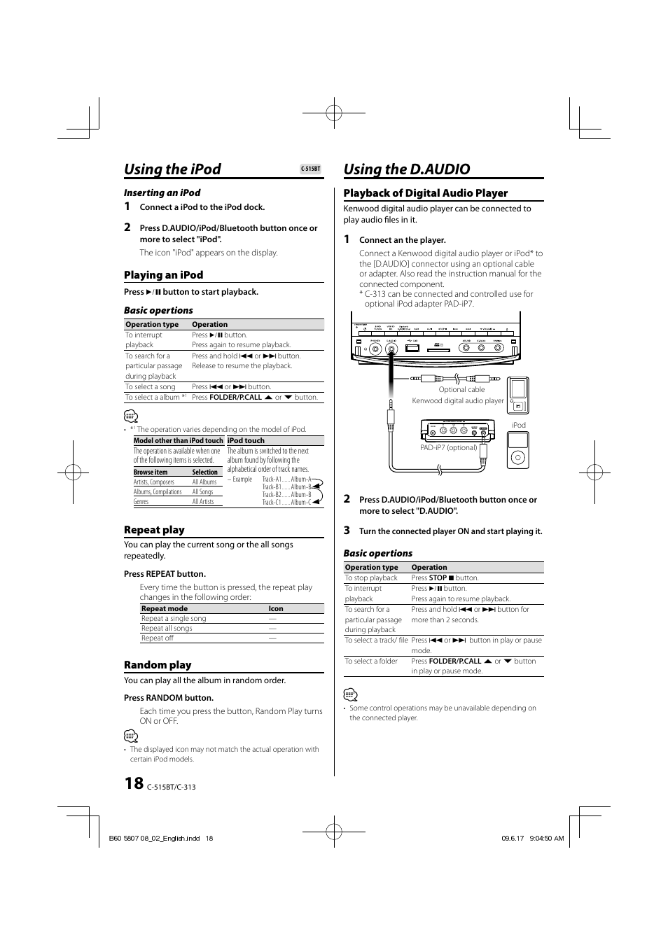 Using the d.audio using the ipod, Playback of digital audio player, Playing an ipod | Repeat play, Random play | Kenwood C-515BT User Manual | Page 18 / 28