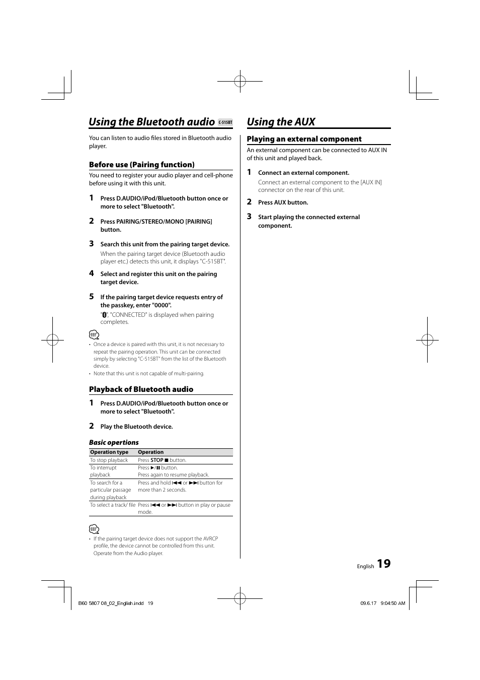 Using the bluetooth audio, Using the aux | Kenwood C-515BT User Manual | Page 19 / 28