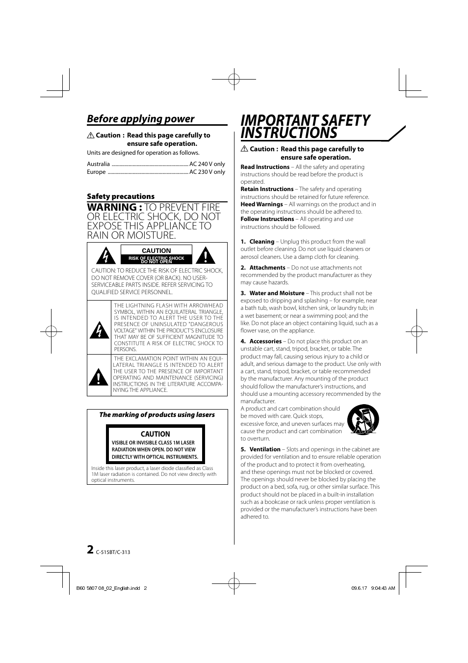 Important safety instructions, Before applying power | Kenwood C-515BT User Manual | Page 2 / 28