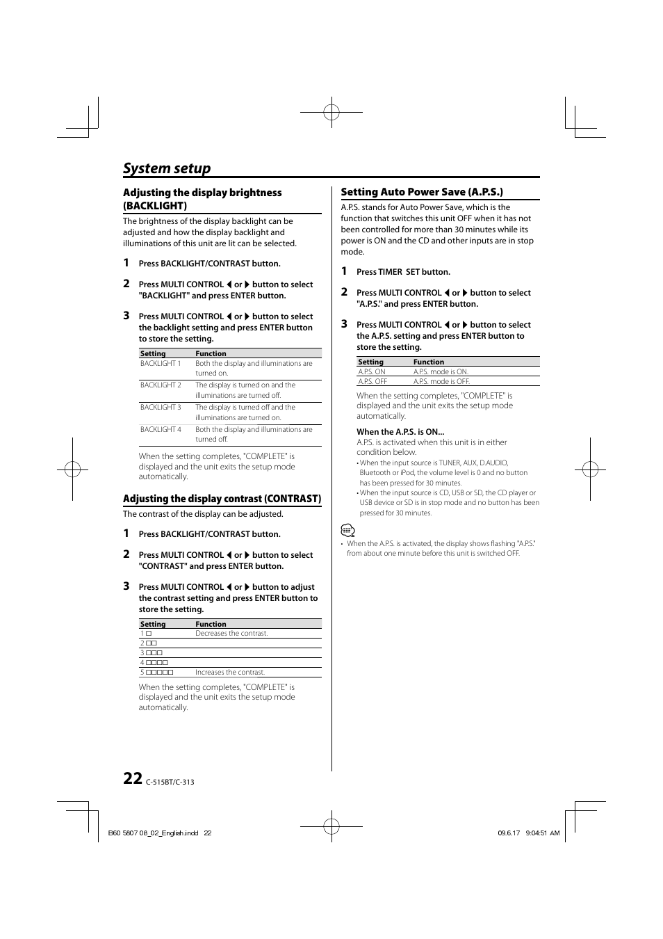 System setup | Kenwood C-515BT User Manual | Page 22 / 28
