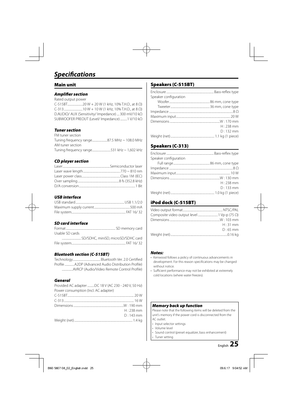 Specifi cations | Kenwood C-515BT User Manual | Page 25 / 28