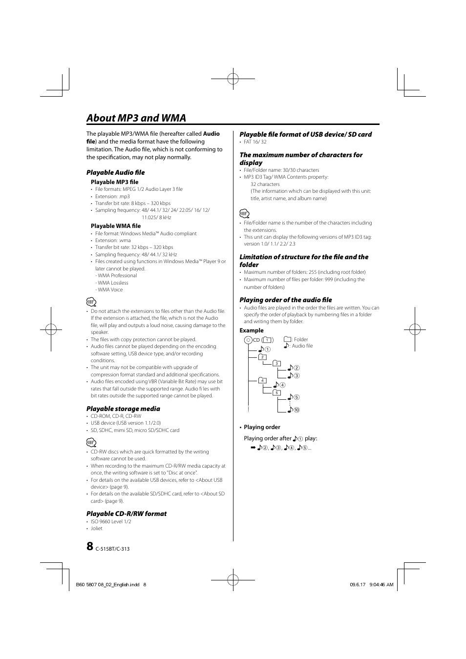 About mp3 and wma | Kenwood C-515BT User Manual | Page 8 / 28