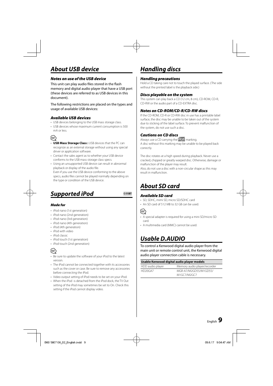 About usb device, Supported ipod, Handling discs | About sd card, Usable d.audio | Kenwood C-515BT User Manual | Page 9 / 28