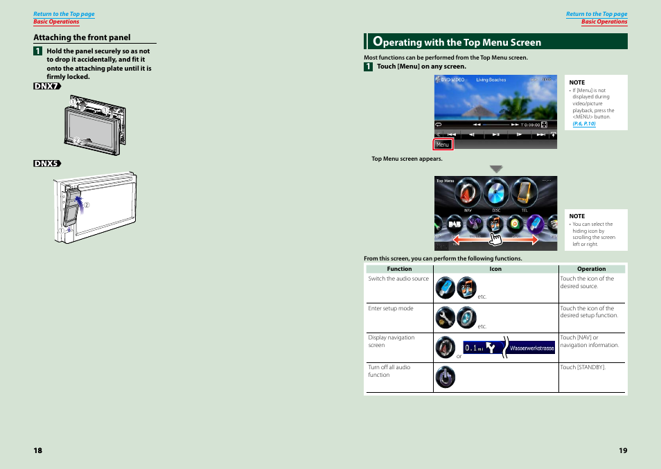Operating with the top menu screen, P.19), Perating with the top menu screen | Kenwood DNX4230TR User Manual | Page 10 / 63