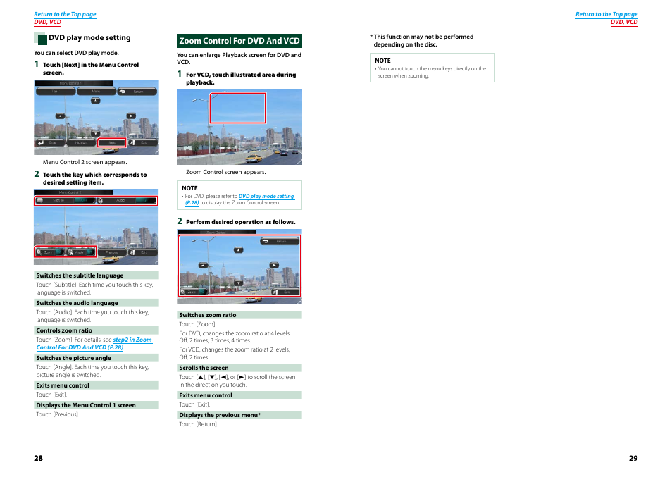 Zoom control for dvd and vcd, P.28) | Kenwood DNX4230TR User Manual | Page 15 / 63
