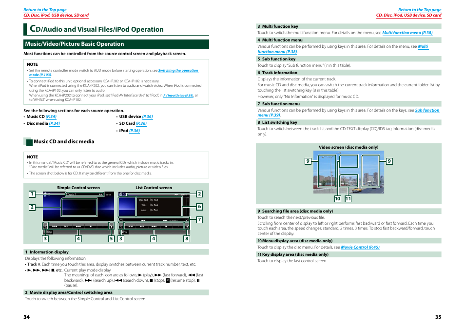 Cd/audio and visual files/ipod operation, Music/video/picture basic operation, Cd/audio and visual files/ ipod operation | D/audio and visual files/ipod operation | Kenwood DNX4230TR User Manual | Page 18 / 63