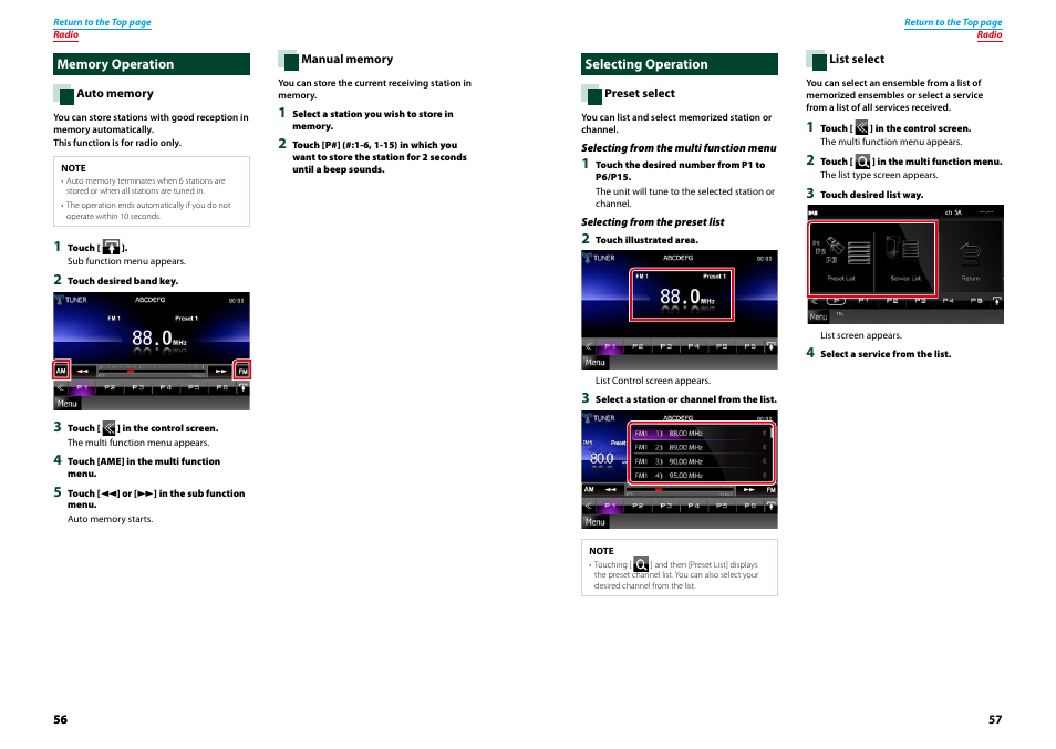 Memory operation, Selecting operation, Memory operation selecting operation | List select (p.57), Auto memory (p.56), Selecting operation (p.57) | Kenwood DNX4230TR User Manual | Page 29 / 63