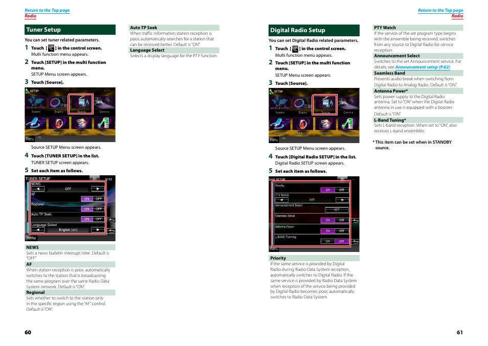 Tuner setup, Digital radio setup, Tuner setup digital radio setup | Kenwood DNX4230TR User Manual | Page 31 / 63
