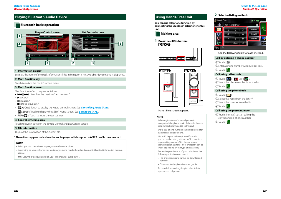 Playing bluetooth audio device, Using hands-free unit | Kenwood DNX4230TR User Manual | Page 34 / 63