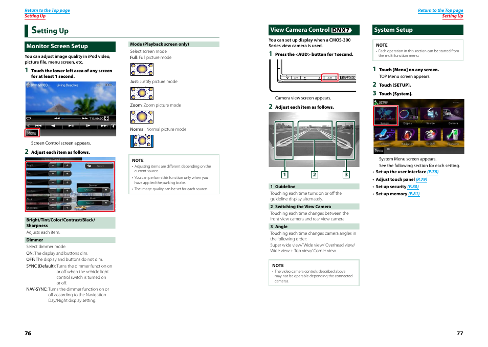 Setting up, Monitor screen setup, View camera control | System setup, Setting up (p.76), Etting up | Kenwood DNX4230TR User Manual | Page 39 / 63