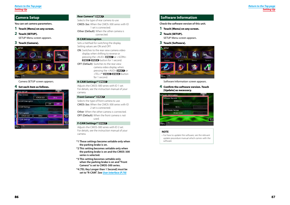 Camera setup, Software information, Camera setup software information | Camera setup (p.86) | Kenwood DNX4230TR User Manual | Page 44 / 63